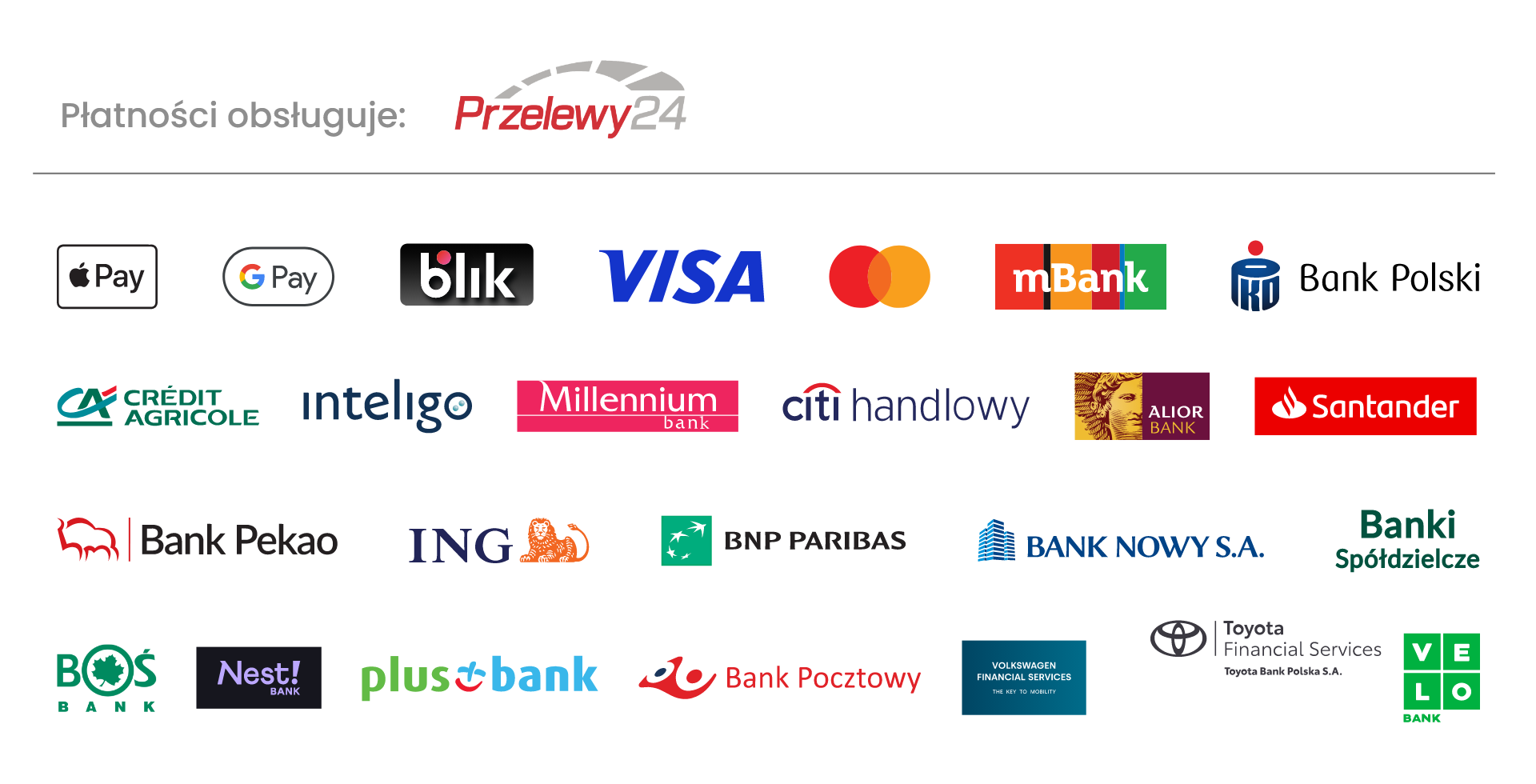 Płatności obsługuje Przelewy24. Metody płatności: Apple Pay, Google Pay, BLIK, Visa, Mastercard, mBank, PKO Bank Polski, Crédit Agricole, Inteligo, Millennium, Citi Handlowy, Alior Bank, Santander, Bank Pekao, ING, BNP Paribas, Bank Nowy, Banki Spółdzielcze, BOŚ Bank, Nest Bank, Plus Bank, Bank Pocztowy, Volkswagen Financial Services, Toyota Bank, VeloBank.