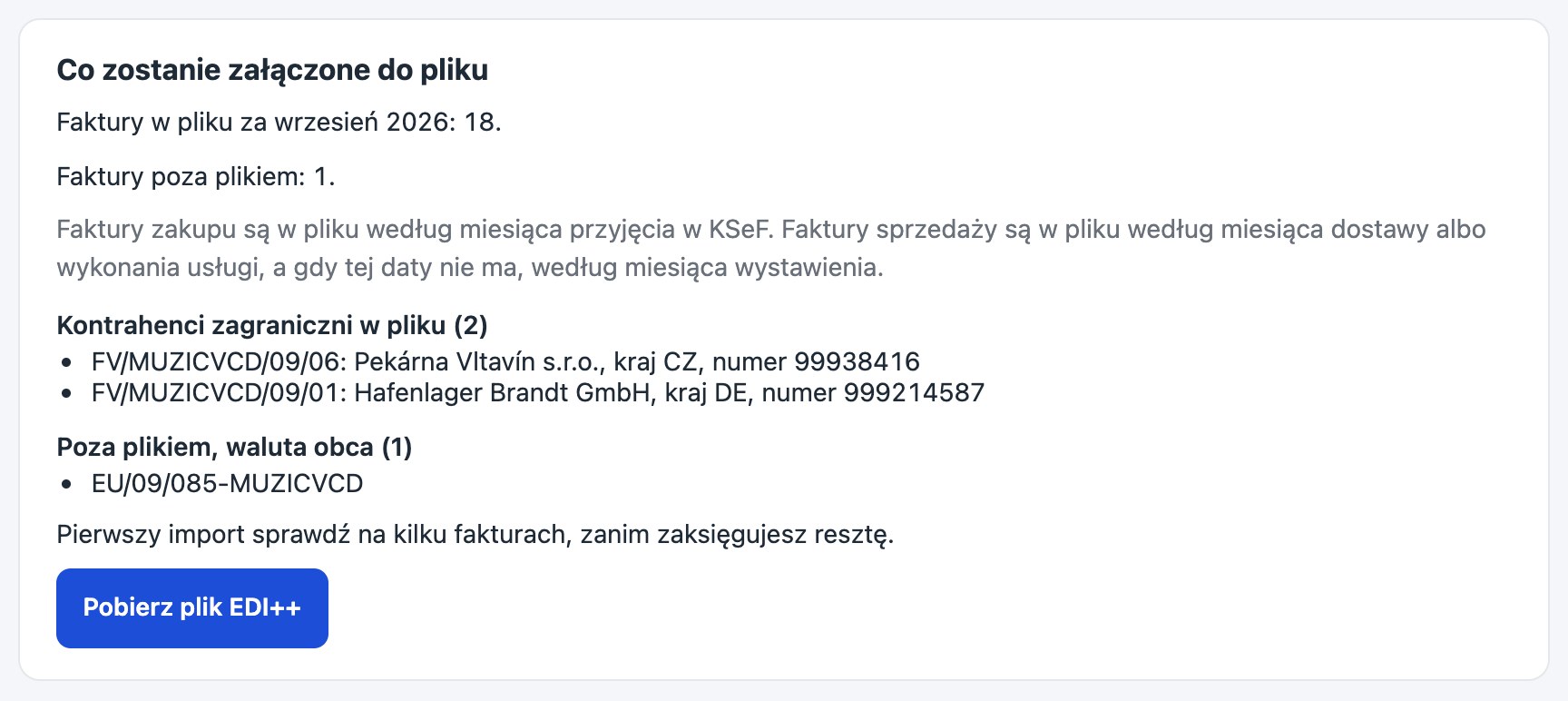 Podgląd pliku EDI++ przed pobraniem: liczba faktur w pliku za wrzesień 2026 i poza plikiem, kontrahenci zagraniczni w pliku, faktura w walucie obcej poza plikiem i przycisk Pobierz plik EDI++.