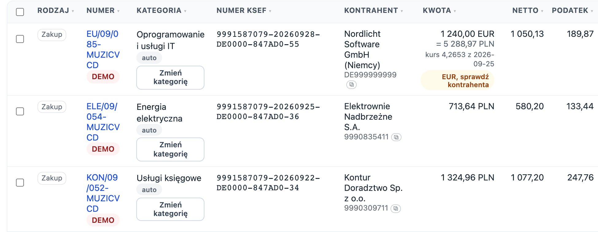 Tabela zakupów klienta z KSeF za 2026-09 z nazwami kolumn od Rodzaj do Podatek: faktura od kontrahenta z Niemiec na 1240,00 EUR z przeliczeniem na złote po kursie średnim NBP z datą kursu i kategorią Oprogramowanie i usługi IT oraz dwie faktury krajowe z kategoriami Energia elektryczna i Usługi księgowe; każda kategoria z oznaczeniem auto i przyciskiem Zmień kategorię.